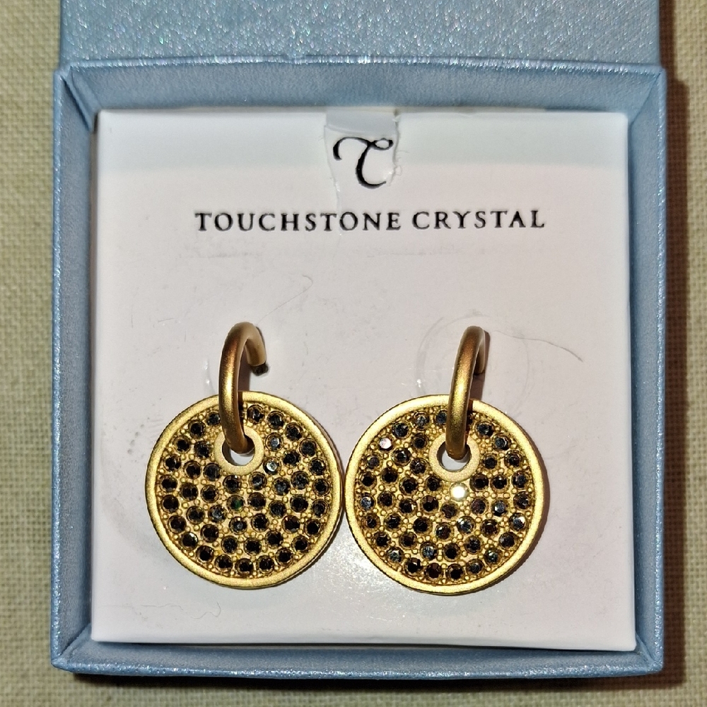 Touchstone Crystal Gold and Black Pave Disc Drop Earrings